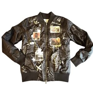 Square Zero Mens Black Graphic Revolution Bomber Jacket Small Streetwear Punk